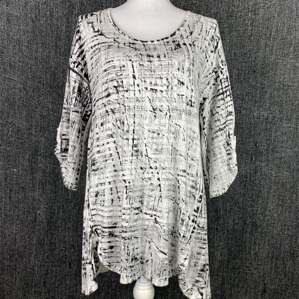 Drawstrings Of Malibu XXS Knit Top High Low 1/2 Sleeve Black White Shirt Womens